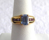 Ring 14k Emerald Cut Blue Aquamarine 6 Pink Zircons 1970s 14kt Gold Blue And Pink