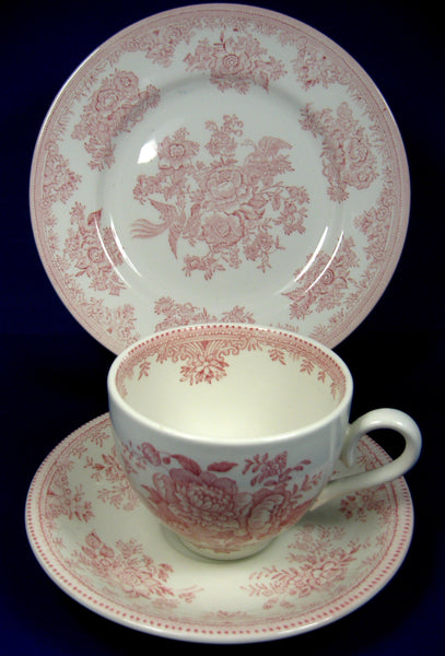 Pink Transferware Cup, Saucer And Plate Asiatic Pheasants Ironstone Burleigh
