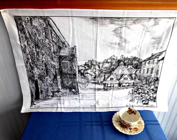 Tea Towel Cornish Village Dunster Artist Printed Black On White City View 1970s