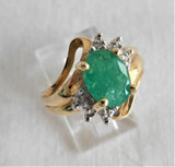 Emerald And Diamond Ring Genuine Oval 1.5 Carat Emerald 6 Diamonds 10k Gold 1970s Estate