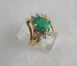 Emerald And Diamond Ring Genuine Oval 1.5 Carat Emerald 6 Diamonds 10k Gold 1970s Estate