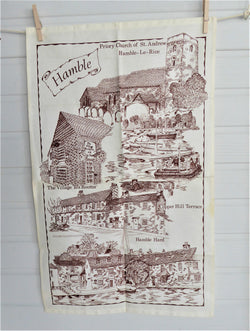 Tea Towel Hamble Hampshire 1970s Brown on White Village Landmarks Linen
