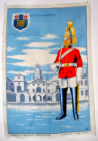 Royal Horse Guards Tea Towel Whitehall London Ulster Linen 1970s Dish Towel