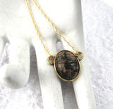 Carved Rhodonite Scarab Pendant Necklace Black Pink Chain 1970s King Tut Egyptian
