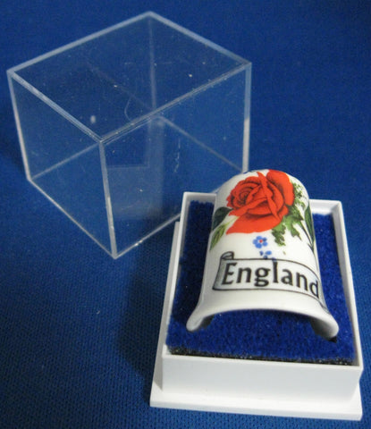 English Thimble England Rose Bone China Mint In Box 1970s Sewing Souvenir