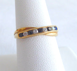 English 9Ct Gold Ring Sapphire Faux Diamond Crossover 1970s Half Eternity Wedding