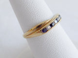 English 9Ct Gold Ring Sapphire Faux Diamond Crossover 1970s Half Eternity Wedding