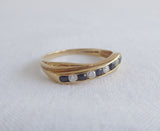 English 9Ct Gold Ring Sapphire Faux Diamond Crossover 1970s Half Eternity Wedding