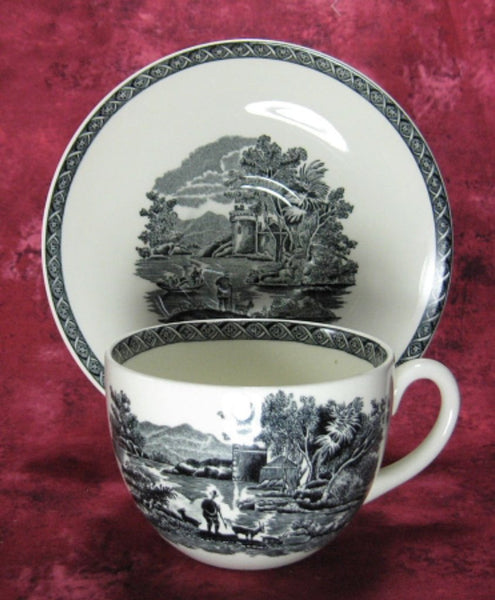 Cup And Saucer Black Transferware Wedgwood Lugano 1970s Italian Landscape