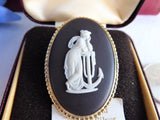 Wedgwood Black Jasper Vintage Brooch Hope Anchor Pin Sterling Silver Gold Plated 1970s Box