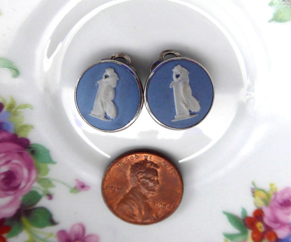 Wedgwood Blue Jasper Vintage Earrings Sterling Silver Clips English Hallmarks 1970s