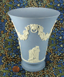 Wedgwood Blue Jasperware Tall Vase 4 Muses Lion Head Masks 1970s