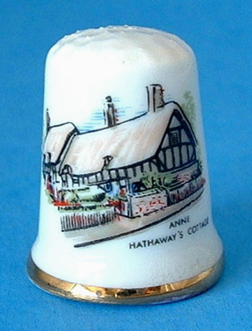 Thimble English Anne Hathaway's Cottage Bone China Thatched Cottage Sewing Thimble 1970s