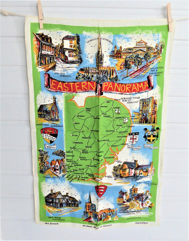 Eastern England Tea Towel 1950s Sussex Suffolk Norfolk Landmarks Linen