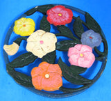 English Cast Iron Trivet Cold Painted Flowers With Tag 1970s RSW Group