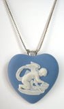 Wedgwood Blue Jasper Heart Pendant Necklace Cupid Convertible Pin 1974 Silver Chain