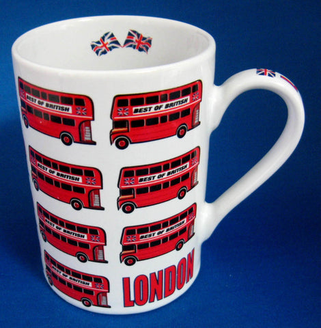 London Souvenir Mug Double Decker Bus Union Jack English Flag Bone China 1980s