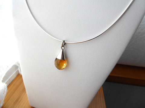 Citrine Teardrop Pendant Necklace Sterling Silver Omega Chain 1990s Faceted 4 Carat