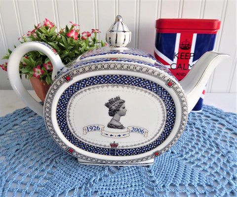 Queen Elizabeth 80th Birthday 2006 Sadler Teapot Boxed Blue White Platinum