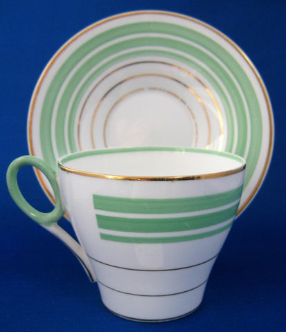 Shelley Cup and Saucer Oxford Shape Art Deco Green Gold Bands 1940s