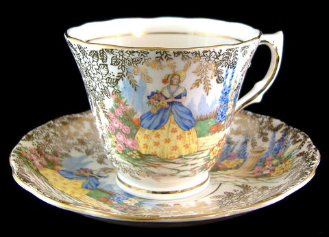 Crinoline Lady Cup And Saucer Gold Chintz Colclough 1940s