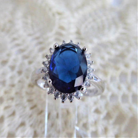 Faux Sapphire Diamond Halo 925 Silver Ring Size 6 Diana Royal Engagement Ring 1980s Estate