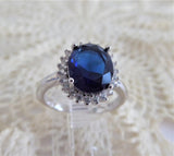 Faux Sapphire Diamond Halo 925 Silver Ring Size 6 Diana Royal Engagement Ring 1980s Estate