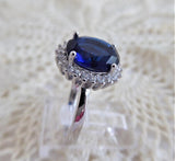 Faux Sapphire Diamond Halo 925 Silver Ring Size 6 Diana Royal Engagement Ring 1980s Estate