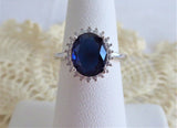 Faux Sapphire Diamond Halo 925 Silver Ring Size 6 Diana Royal Engagement Ring 1980s Estate