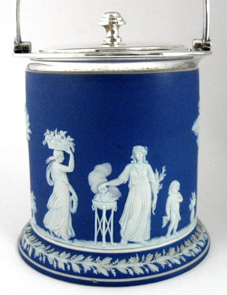 Biscuit Barrel Wedgwood Jasper Dip Cookie Jar Flange Base Sacrifice Figures 1870s
