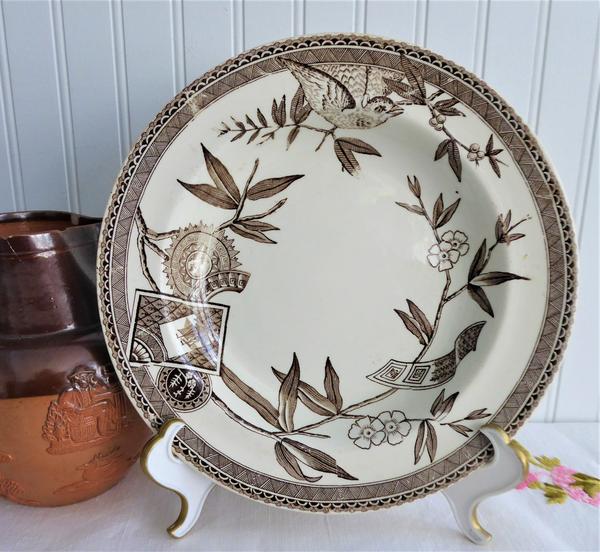 Aesthetic Soup Plate 1881 Wedgwood Louise Brown Transferware Bird Vignettes Bowl