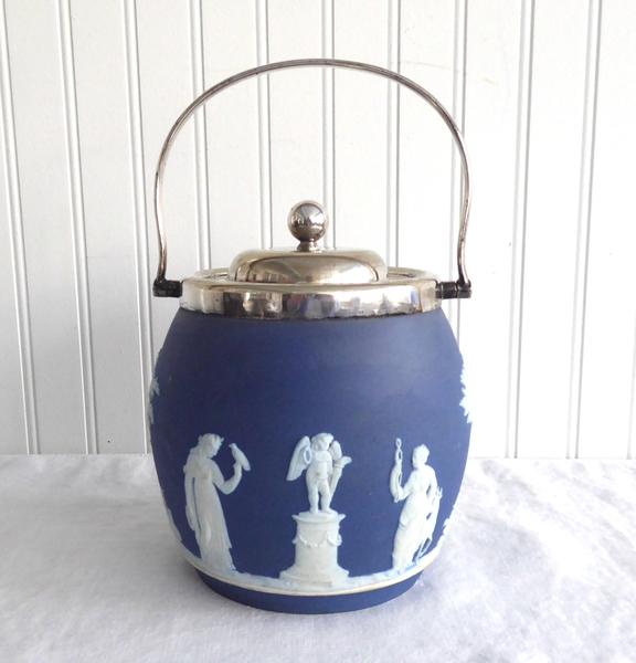 Wedgwood England Biscuit Barrel Blue Jasperware Dip Blue 1890s Sacrifice Figures