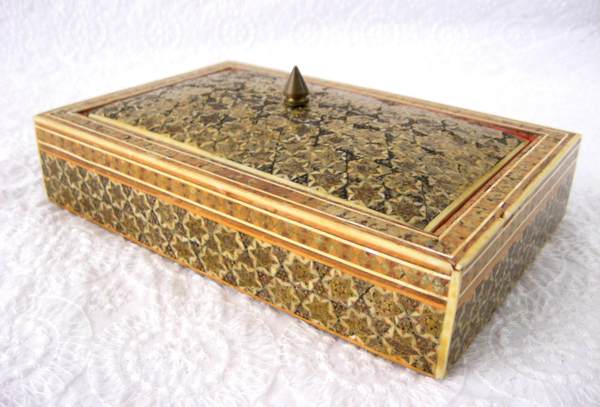 Anglo Indian Sadeli Micro Mosaic Jewelry Box Edwardian Era Ruched Velvet Persian