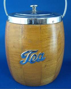 Tea Caddy Wooden Chrome Barrel England Art Deco 1950s Tea Canister