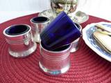 English Salt Dips 4 Art Deco Silver And Cobalt Blue Glass Liners Open Salts 1920-1930s