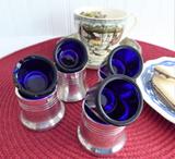 English Salt Dips 4 Art Deco Silver And Cobalt Blue Glass Liners Open Salts 1920-1930s