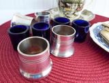 English Salt Dips 4 Art Deco Silver And Cobalt Blue Glass Liners Open Salts 1920-1930s