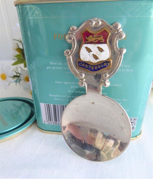Canterbury England Tea Caddy Spoon Tea Scoop Enamel Shield Finial 1930s Becket