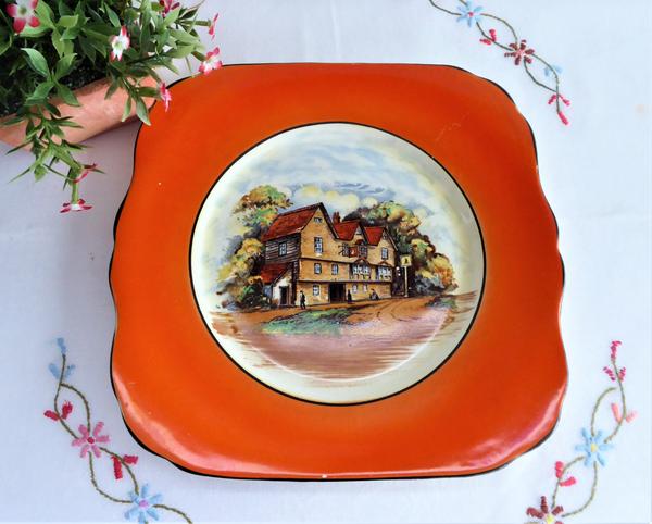 Vintage 1940s Empire Ware English Village Pub Cake Plate Cake Server Orange Border