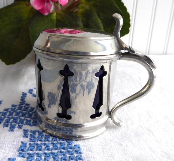 Large Mappin And Webb Gothic 1940s Mustard Jam Cobalt Blue Ceramic Liner Silver Plated