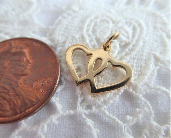 Charm 14kt Gold Hearts Love Token Solid 1950s Vintage Entwined Hearts Pendant