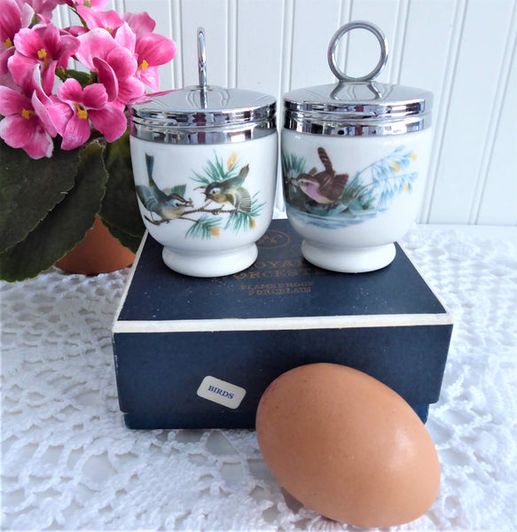 Boxed Egg Coddler Pair Royal Worcester Birds Single 1950 Porcelain Chrome