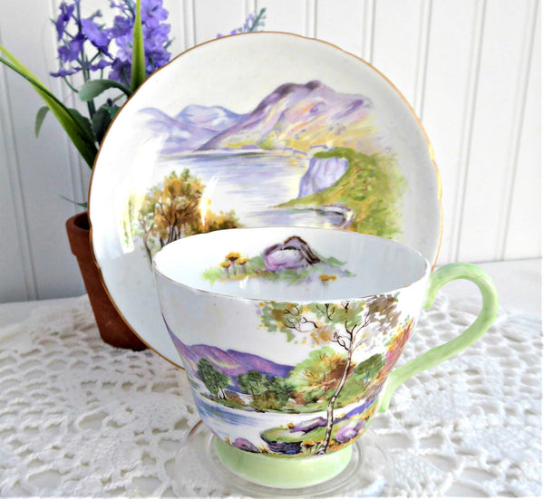 Shelley English Lakes Landscape Cup And Saucer Richmond Shape Green Trim 1950s