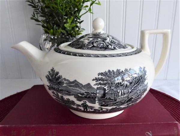 Black Transferware Teapot Wedgwood Lugano 1960s Italian Landscape