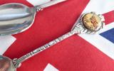 1950s English Souvenir Spoons Queen Mother Union Jack Celluloid Bubbles Silver Plate