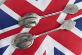 1950s English Souvenir Spoons Queen Mother Union Jack Celluloid Bubbles Silver Plate