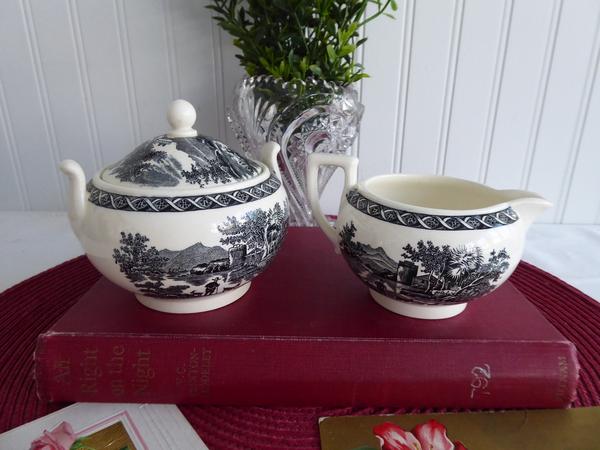 Wedgwood Lugano Sugar And Creamer Black Transferware Teapot 1960s Italian Landscape