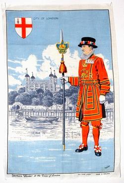 Tower Of London Beefeaters Tea Towel 1970s English Landmarks Irish Linen Dish Towel