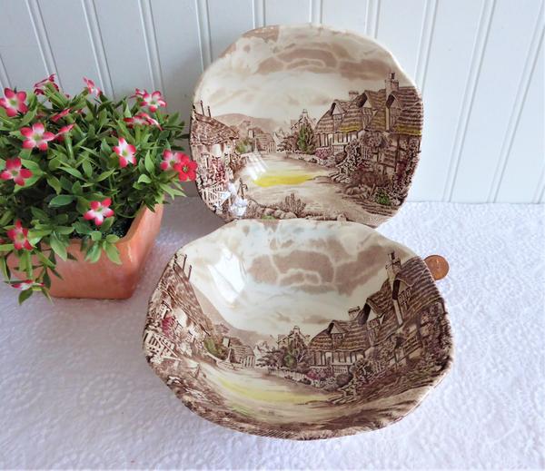 Pair Brown Transferware Cereal Bowls Olde English Countryside Johnson Brothers 1970s