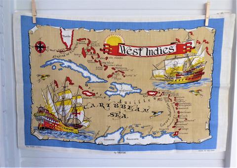 West Indies Tea Towel 1970s Dish Towel Old Map Ulster Irish Linen Caribbean